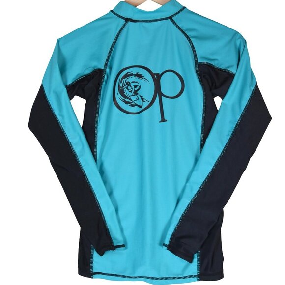 OP Ocean Pacific Surf Shirt Retro S Teal Black Long Sleeve Rashguard Swim Top - Picture 2 of 6